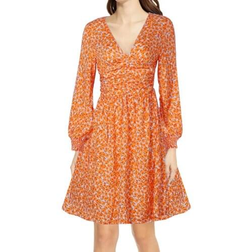 Womens Sexy V-neck Floral Print Mini Dress Spring Autumn Lantern Long Sleeve Dresses Elegant Party Slim Women Clothing Femme