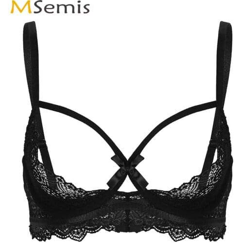 Women Lenceria Lingerie Sexy See Through Sheer Lace Open Bra Spaghetti Strap Half Cups Bralette Top Underwired Cupless Shelf Bra