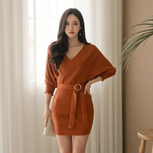 Free Size 2020 Autumn Work Dress Women V-neck Knitting Dress Elegant Korean Ladies Slim Sweater Dresses Woman Office Vestidos
