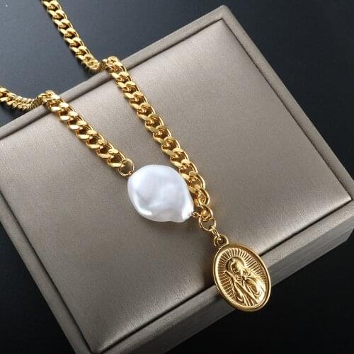ZMFashion Portait Religion Pendant Pearl Thick Link Chain Necklace Jewelry Stainless Steel Vintage Clavicle Choker For Women Men