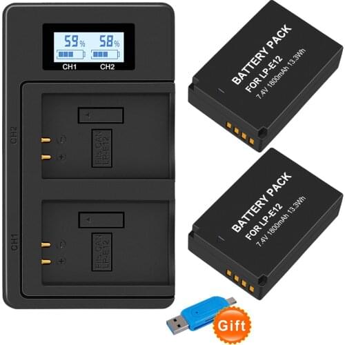 2Pcs 1800mAh LP-E12 LPE12 LP E12 Camera Battery AKKU + LCD USB Charger for Canon M 100D Kiss X7 Rebel SL1 EOS M10 EOS M50 DSLR