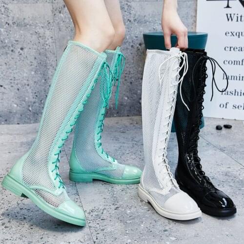 Black White Green Summer Mesh Boots Women Patent Leather Low Heel Knee High Boots Hollow Cross Tied Riding Boots Summer Shoes