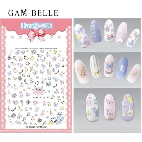GAM-BELLE 1 Sheet Colorful Cat Nail Stickers 3D Cartoon Designs Decals Nail Art Decoration Transfer Nail Wraps Manicure Tools