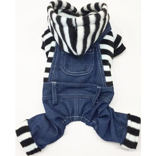 New Fashion Pet Dog Jeans Stripe Winter Clothes Jumpsuit Cat Puppy Trendy Thicken Hoodies Warm Four-legged Jumpsuit DC612