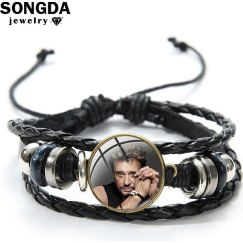 SONGDA Rock Singer Johnny Hallyday Multilayer Leather Bracelet Men Trendy Printed Glass Cabochon Bracelets for Fans Punk Jewelry