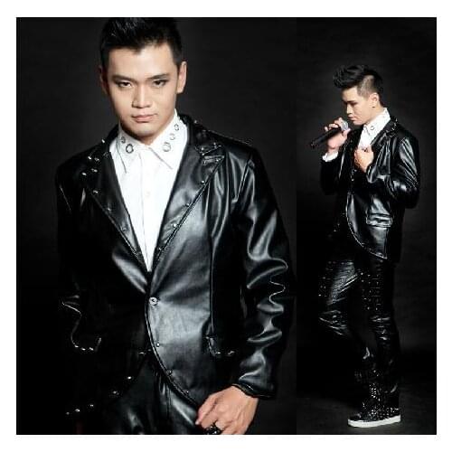 Black Rivets punk Motorcycles leather jacket men Singer stage 1 fashion mens leather jackets and coats Customizable