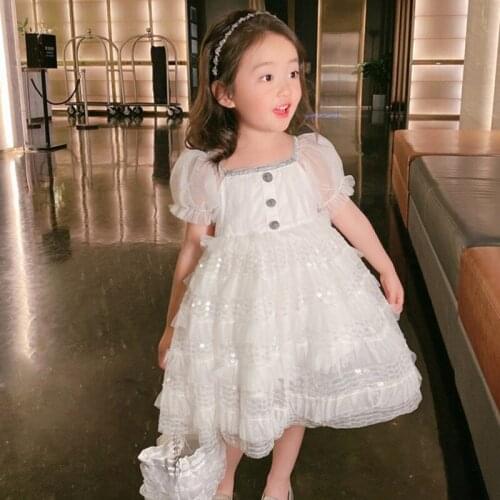 Layered Dress with Sequin 2021 Fashion Kids Summer Clothing Lantern Sleeve Mid-Calf Length Party Dress Girls Princess Dress