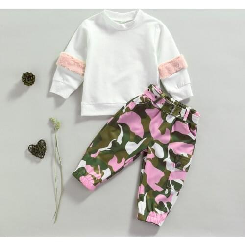 1-6Y Fashion Autumn Kid Girls Clothes Sets Long Sleeve Pullover Sweatshirt Tops+Camouflage Pants+Belt Outfit