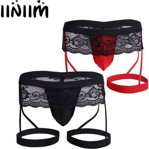 Iiniim Sexy Gay Mens Lingerie Panties Lacework G-string Bikini Bulge Pouch T-Back Briefs Underwear Underpants Thongs with Garter