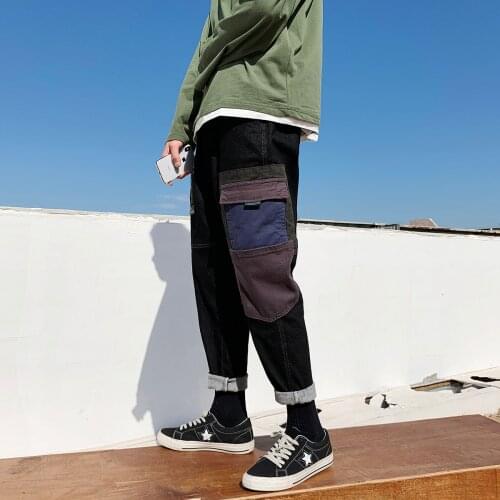 2021 New Fashion Patchwork Cargo Jeans Four Seasons Loose Men Jean Pants Washed Cotton Casual Cowboy Pants Zipper Jeans S-3XL