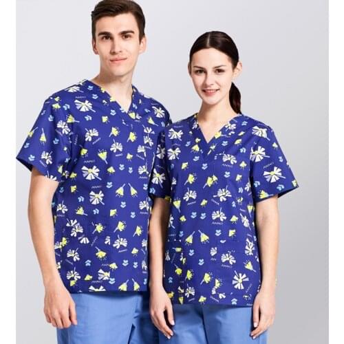 Flower Printing Men Women Washing Clothes,Pet/Dentisry Clinic Operating Suits,Nursing Work Uniforms,Seperated Scrub Set