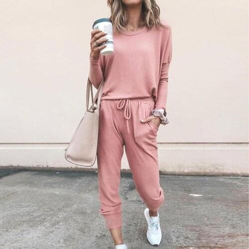 Solid Casual Sports Suits 2021 New O Neck Long Sleeve Ruched Loose Tops + Elastic Waist Drawstring Pocket Patchwork Long Pants