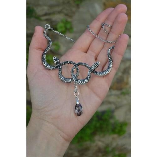 Gothic Witch Serpent Entwined Double Snake Choker Necklace with Crystal Pendant Fashion Jewelry Party Gift for Women Girl