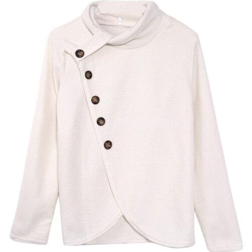 Long Sleeve Pullover Tops Turtleneck Oblique Buttons Waffle Knitted Sweater D08E