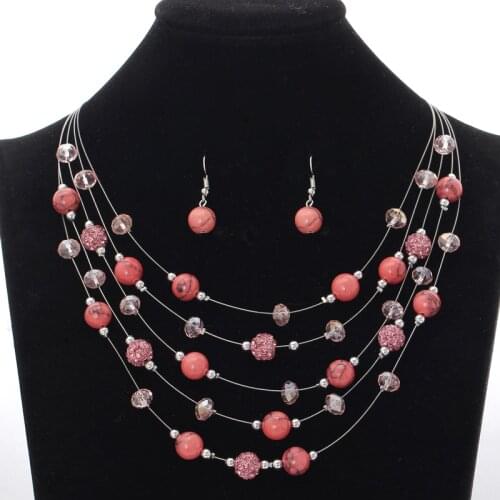 Luxury Pink Natural Stone Chunky Jewelry Sets Ball Choker Necklace 5layers Chain Silver Plated Jewelry Sets