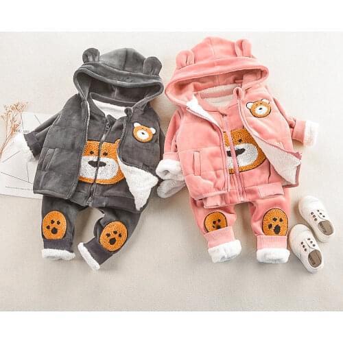 Thick Plush Suit For Baby Boys Winter Cartoon Bear Lovely Girls Clothing Set Warm Hooded Vest +Shirt+ Pants Toddler Kids Clothes