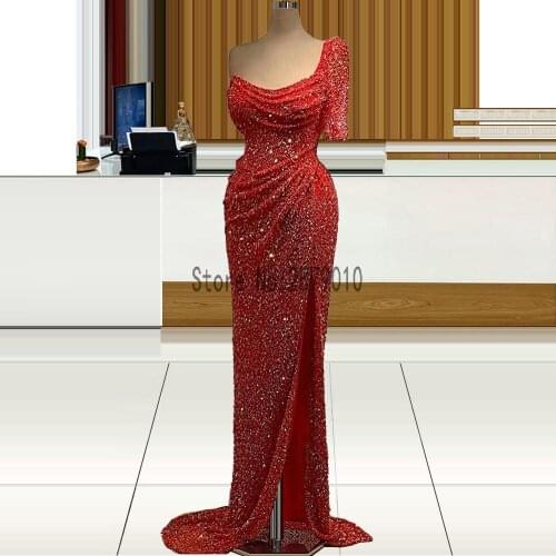 Burgundy Sparkly Sequin Evening Dresses One Shoulder Short Sleeve Mermaid Evening Gowns with Split