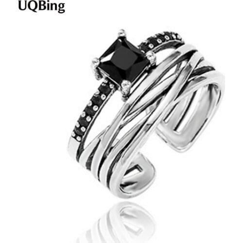 Vintage 925 Sterling Silver Multi-layer Black Square CZ Stone Rings Party Gifts Jewelry