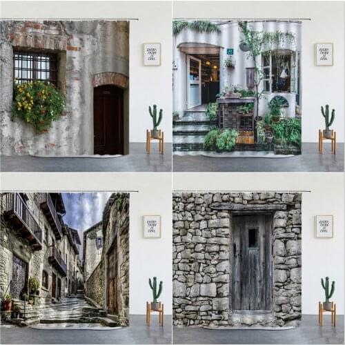 Rural Building Scenery Shower Curtains Spain Small Town Natural Landscape Bathroom Curtain Set Background Wall Decor With Hooks