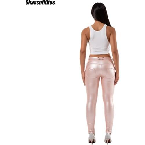 Shascullfites Melody Women Leggings Faux Leather Casual Stretch Leggings Elastic Sexy Pants Fleece Pink Skinny Pants