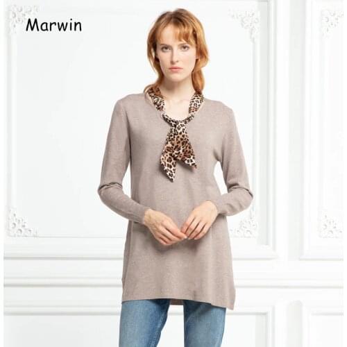 Marwin 2019 Winter Leopard Long High Street Style V-Neck Bow Lace Up Women Pullovers Worm Soft European Female Sweaters