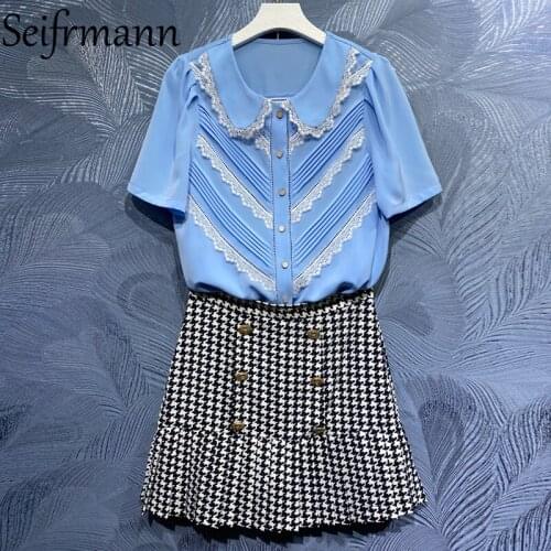 Seifrmann New 2021 Summer Women Fashion Runway Skirts Set Short Sleeve Lace Blouses + High Waist Print Slim Mermaid Skirts Suits