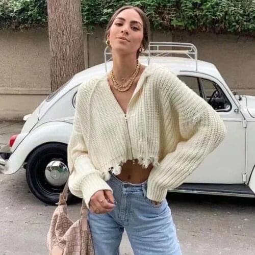 Autumn Whiter Hooded Knitted Cardigan Sweater Women Coat 2021 V-neck Female Jumpers Casaul Buttons Women Tops Zipper Sweater