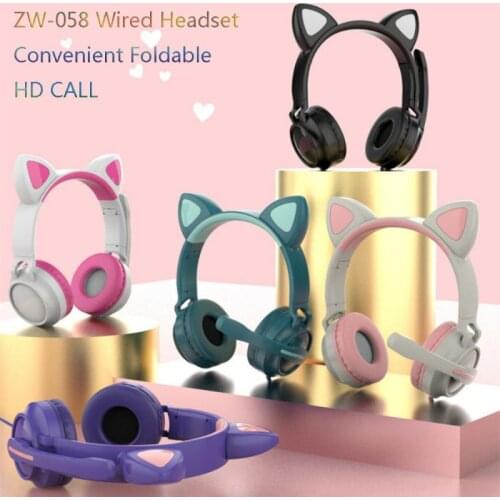 ZW-058 Wired Headset Cute Cat Ear Style Luminous Head-mounted Headphones With Micphone Kids Gift Foldable Head-mounted Earphone