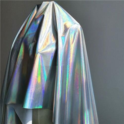 145cm*100cm Silver laser colorful fabric Thin stretch rainbow tpu leather soft mirror fluorescent holographic clothing fabric