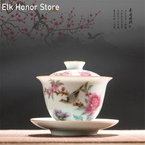 175ML Art Bird Gaiwan Ceramic Porcelain Flower Big Tea Bowl Saucer Lid Kit Master Tea Tureen Drinkware Gift Home Decor Craft