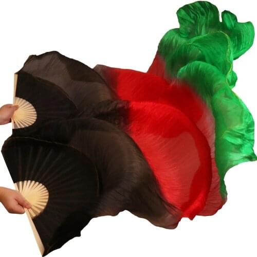 2017 High Selling 100% Real Silk Veils Dancing Fans 1 Pair Handmade High Quality Silk Belly Dance Fans Black+Red+Green Colors