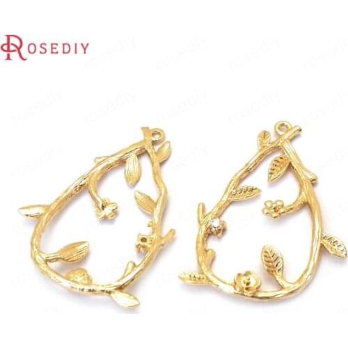 37632)6PCS 32x22MM 24K Gold Color Brass and Zircon Drop Shape Tree Leaf Leaves Charms Pendants Jewelry Making Supplies Findings
