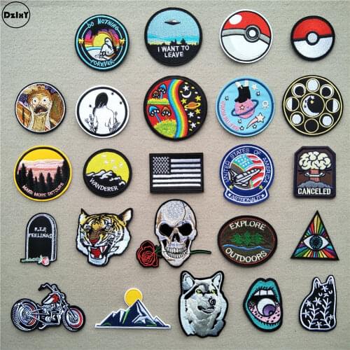 46 Differents Styles) 1 PCS Round Patches for Clothes Iron on UFO Appliques DIY Skull Stripes Embroidery Stickers Animals Badge