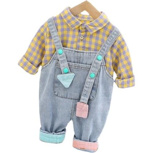 Spring Children Cotton Clothes Baby Girls Lattice Shirt Overalls 2Pcs/sets Autumn Kids Toddler Casual Clothing Infant Tracksuit