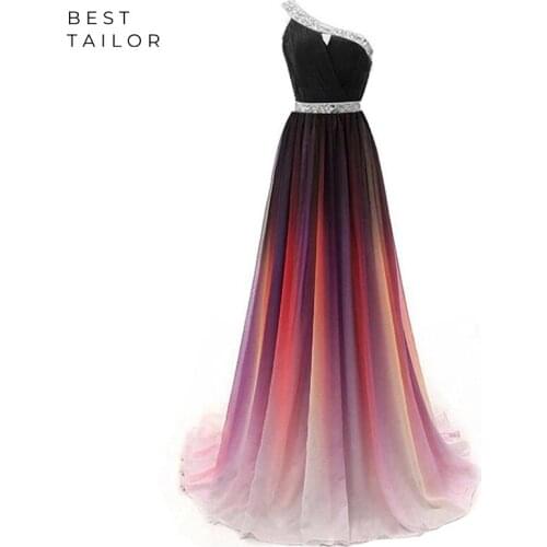 Gradient Prom Dresses One Shoulder Gradual Sweep Train Formal Party Gowns vestido de fiesta largos elegantes de gala noche