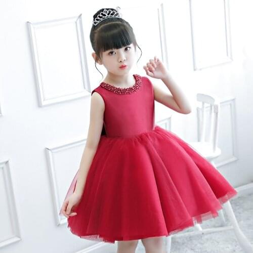 Red Lace Girls Princess Dress Beading Tulle Children Evening Party Dress Sleeveless Princess Flower Girls Wedding Baptism Gown