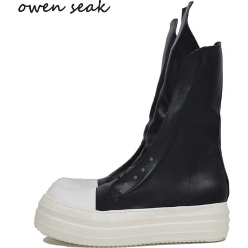 Owen Seak Men Leather Boots Luxury Trainers Casual Lace Up Women Platform Shoes Height Increasing High-TOP Black Autumn Sneakers