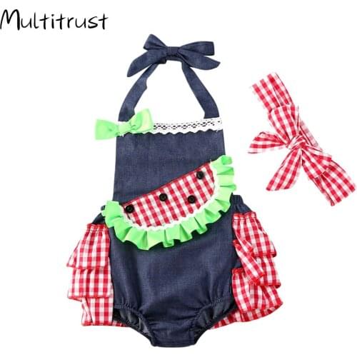 0-18M Summer Lovely Baby Girls Boys Bodysuits Watermelon Plaid Print Sleeveless Ruffles Jumpsuits Headband 2pcs