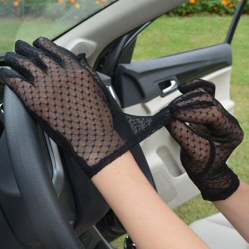 Summer Female Silk Screen Plaid Breathable Stretch Sexy Black Semi-transparent Five-finger Driving sunscreen Gloves