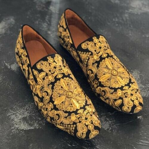 Mens Gold Embroidery Dress Wedding Shoes Nightclub Party Pumps Loafers Wingtip Plus Size New 2021