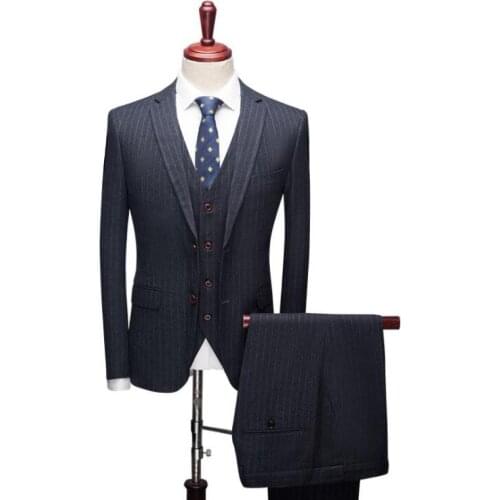 Man Groom Blazer Jacket Wedding Vest Trousers Mens Trousers Suits Stripe Two Button 3-Piece Suit