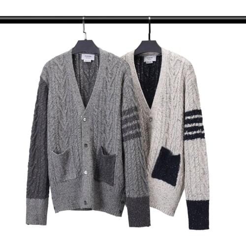 TB BROWIN Men Cardigan Wool Casual Sweater Outerwear Thick Warm Women Jacket V Neck Striped Pocket Korean Design High Quality