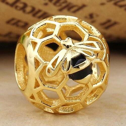 Original Black Enamel Gold Color Openwork Shine Honeybee Beads Fit 925 Sterling Silver Bead Charm Bracelet Diy Jewelry