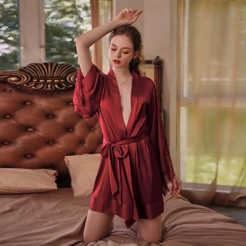QWEEK Satin Sexy Robe Women Patchwork Lace Kimono Summer Night Dress Silk Bathrobe Female Peignoirs Bridesmaid Gift Albornoces