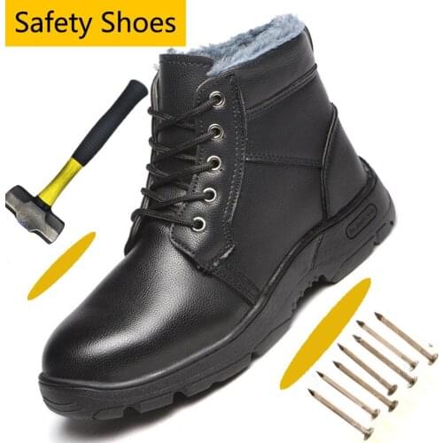 PU Leather Steel Toe Work Safety Boots Men Non-Slip Industrial Construction Indestructible Safety Shoes Warm Winter Boots Men