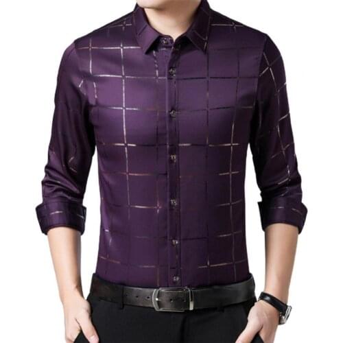 Fashion Men Dress Shirt Large Plaid Satin Surface Casual Non-iron Turndown Collar Single-breasted Shirt for Business Black xxxl