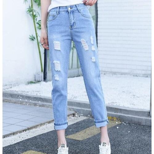 Ripped Mom Women High Waist Casual Vintage Pencil Pants Jeans Distressed Boyfriend Destroyed Denim Trousers Blue Plus Size