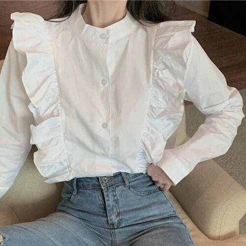 Fashion Chic Ruffles Patchwork Design Women Blouse New Arrivals Korean Single Breasted Shirts Solid Long Sleeve Bottoming Tops