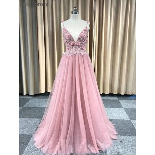 Light Pink Prom Dress Tulle Spaghetti Strap Beads Pearl A-line Floor Length Sexy V-neck 3D Flowers Evening Dress вечернее платье