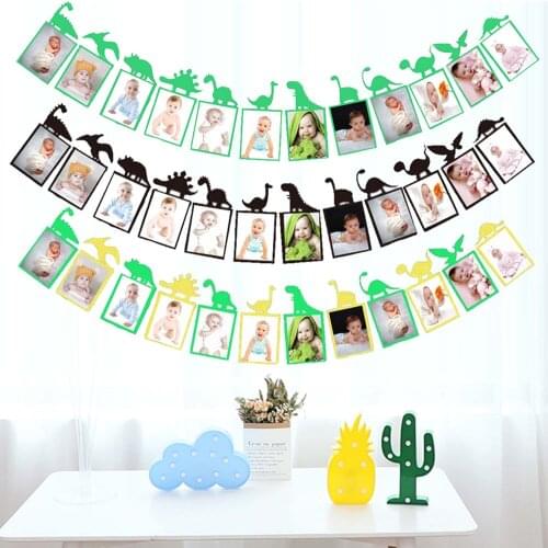 Funny Dinosaur Theme 12 Month Monthly Photograph Garland Banner for Infants First Birthday Party Decorations Photo Props